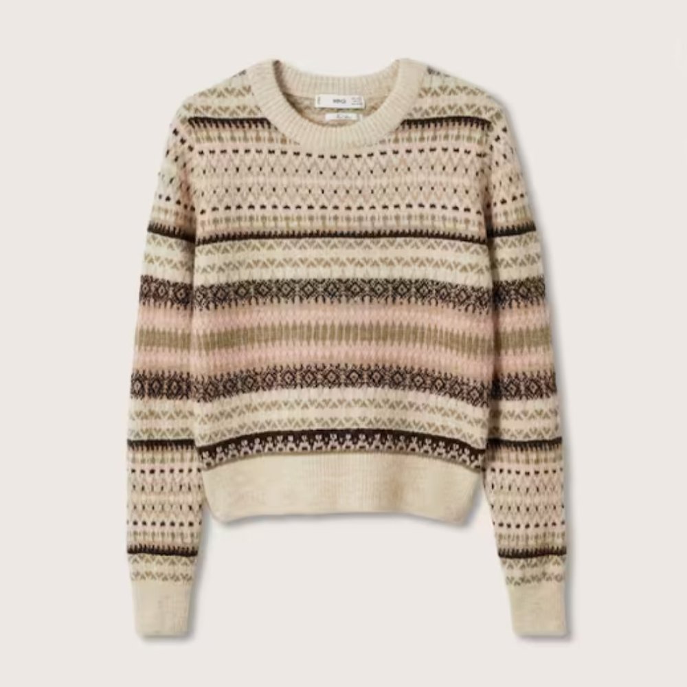 Print knit cotton sweater (Mango, size: S, color: Sand)